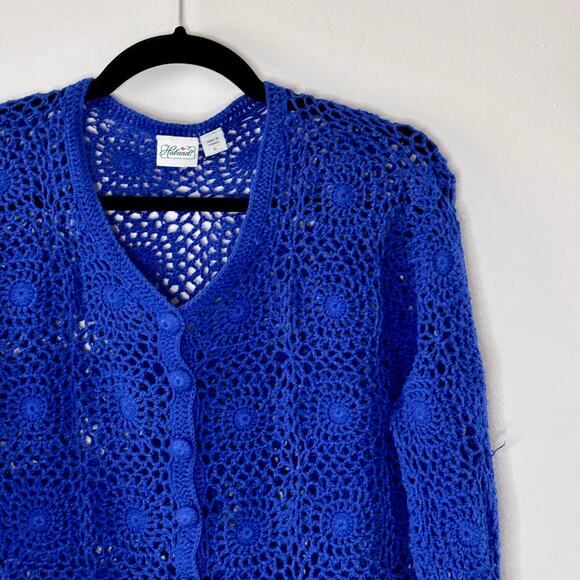Vintage 1990s Royal Blue Crochet Sweater Haband! Size Large Cotton Blend - Picture 9 of 11